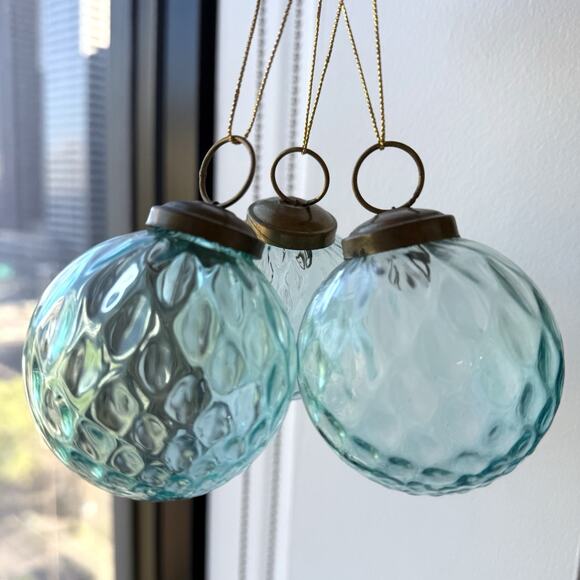 Restoration Hardware Blue Optic Glass Christmas Ornaments 2 1/2” Globe Ball